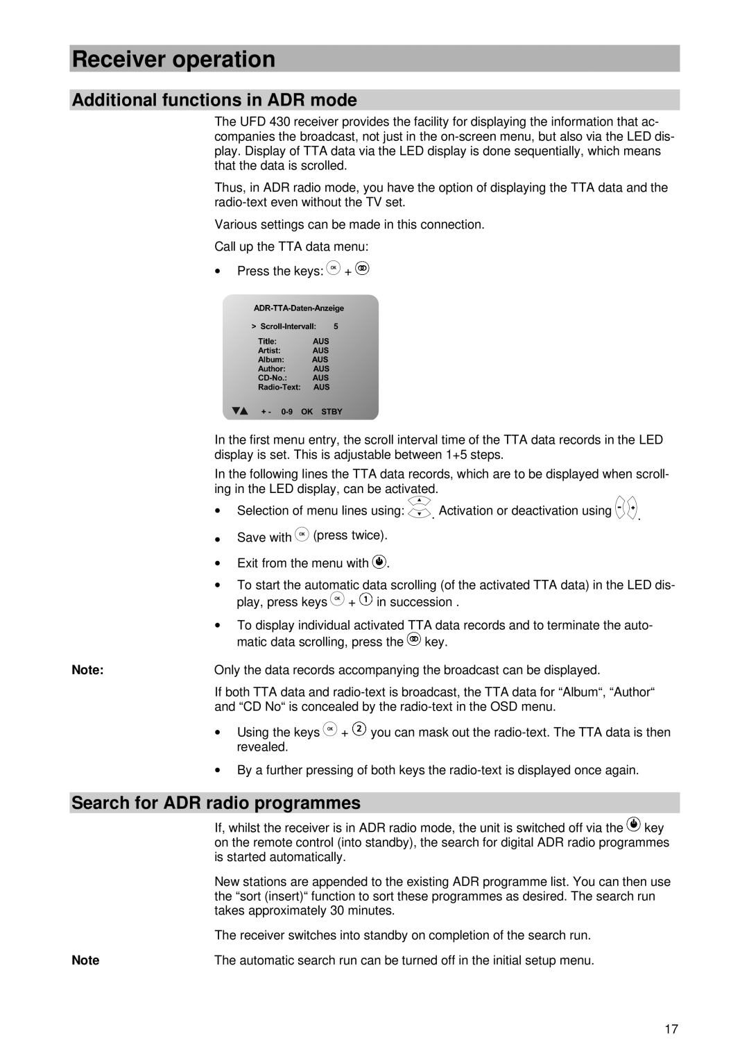 Kathrein UFD 430 manual Additional functions in ADR mode, Search for ADR radio programmes 