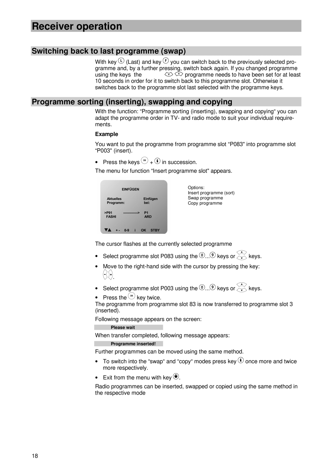 Kathrein UFD 430 manual Switching back to last programme swap, Programme sorting inserting, swapping and copying 