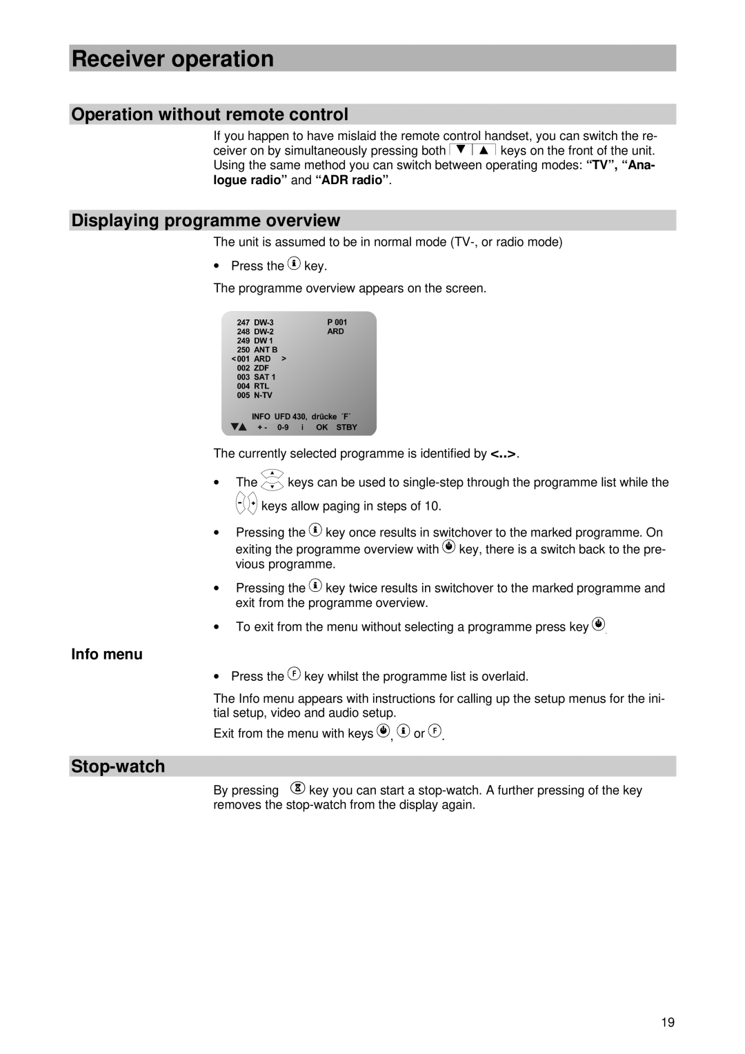 Kathrein UFD 430 manual Operation without remote control, Displaying programme overview, Stop-watch, Info menu 