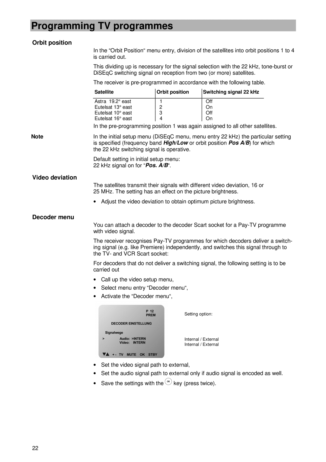 Kathrein UFD 430 manual Orbit position, Video deviation, Decoder menu 