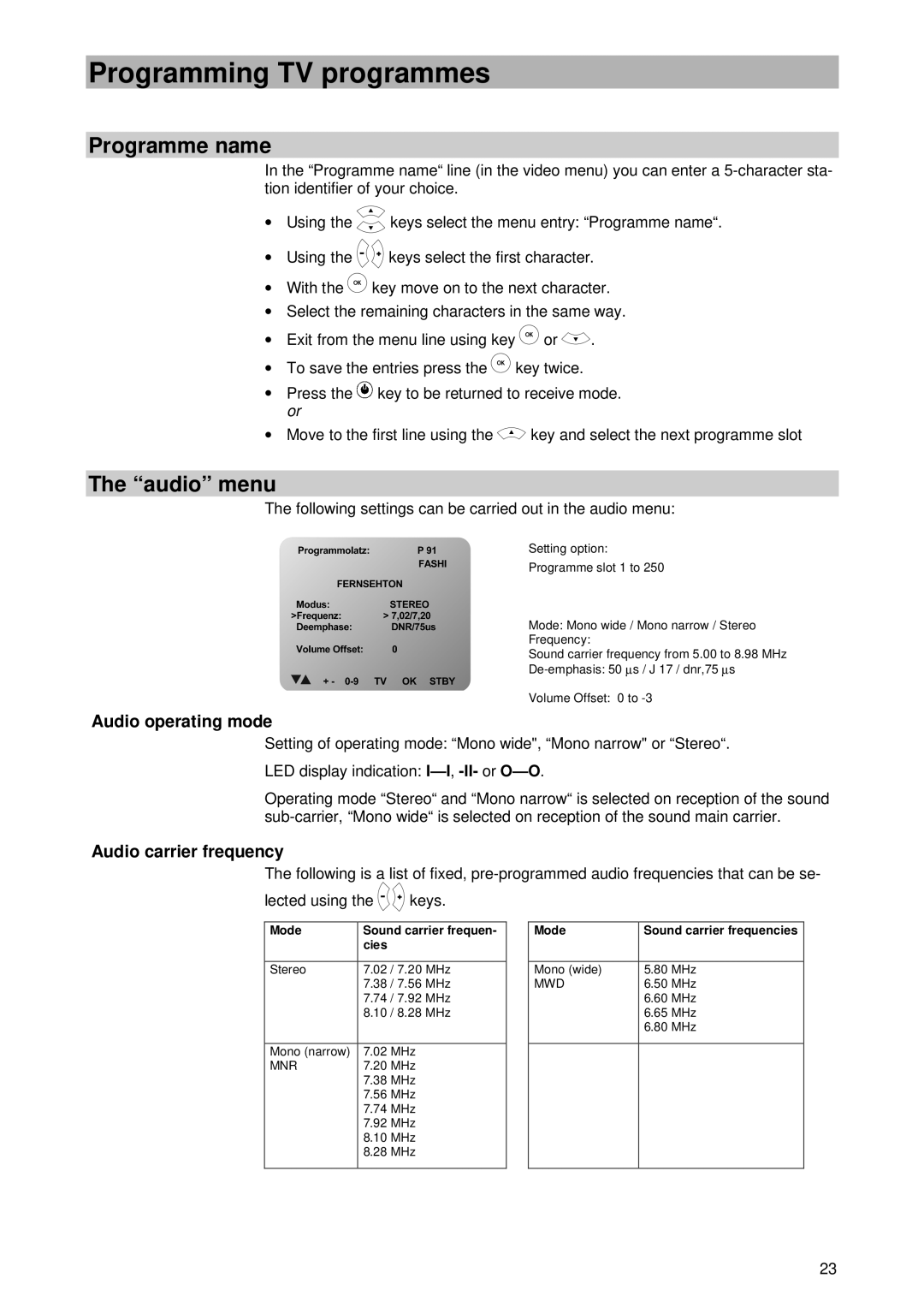 Kathrein UFD 430 manual Programme name, Audio menu, Audio operating mode, Audio carrier frequency 