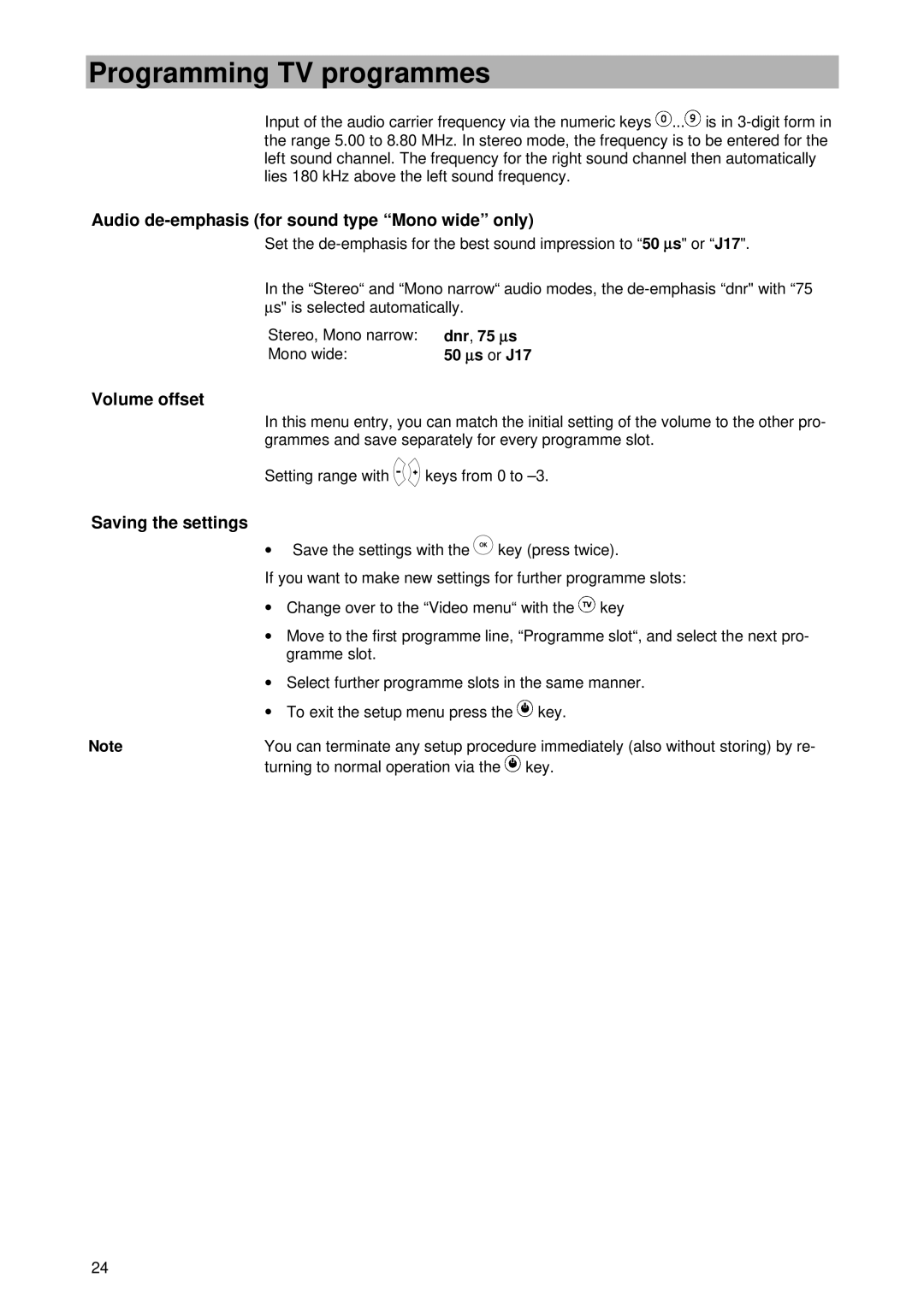 Kathrein UFD 430 manual Audio de-emphasis for sound type Mono wide only, Volume offset, Saving the settings 