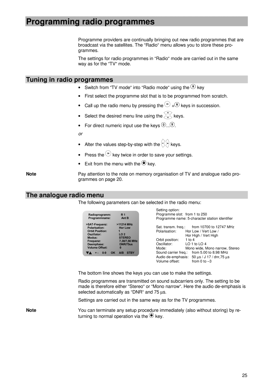 Kathrein UFD 430 manual Programming radio programmes, Tuning in radio programmes, Analogue radio menu 