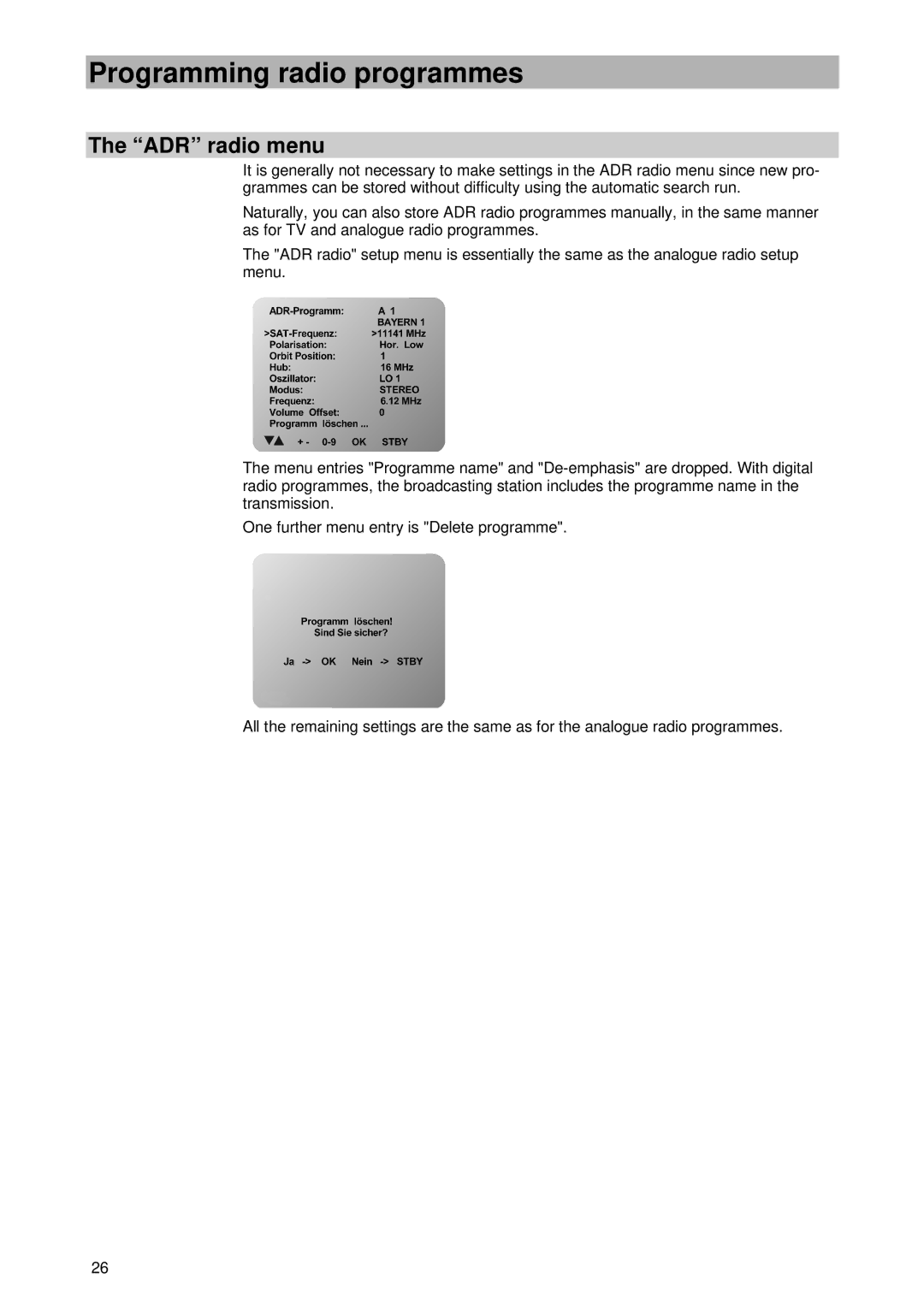 Kathrein UFD 430 manual ADR radio menu 