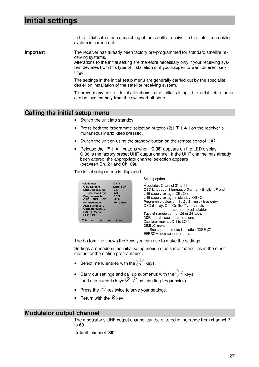 Kathrein UFD 430 manual Initial settings, Calling the initial setup menu, Modulator output channel 