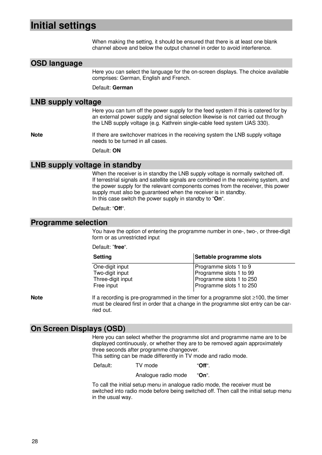 Kathrein UFD 430 manual OSD language, LNB supply voltage in standby, Programme selection, On Screen Displays OSD 