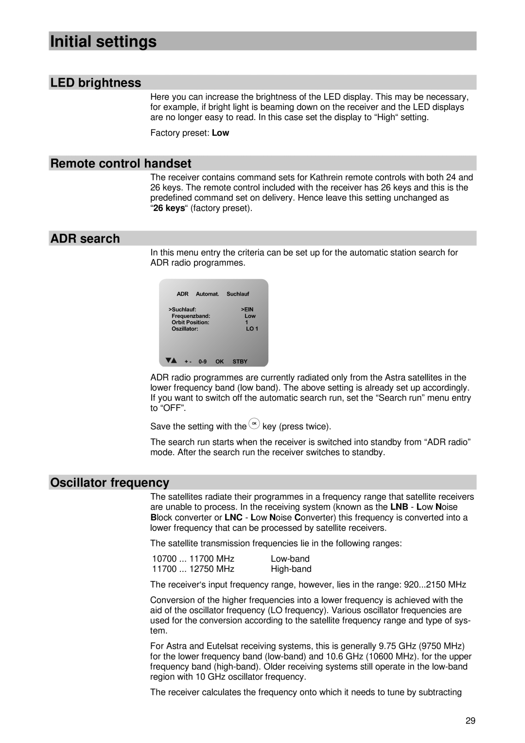 Kathrein UFD 430 manual LED brightness, ADR search, Oscillator frequency 