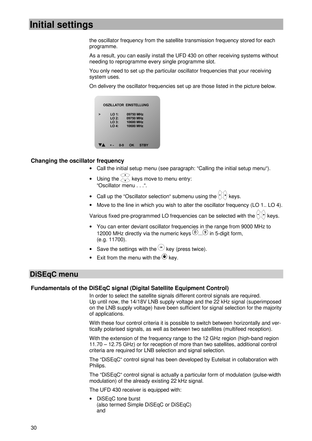 Kathrein UFD 430 manual DiSEqC menu, Changing the oscillator frequency 