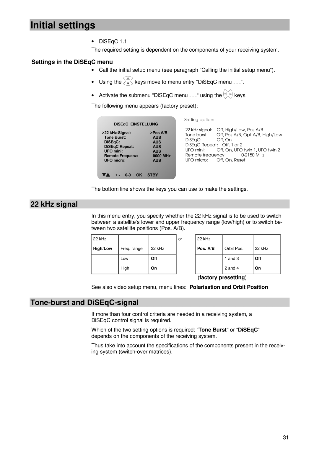 Kathrein UFD 430 manual KHz signal, Tone-burst and DiSEqC-signal, Settings in the DiSEqC menu 