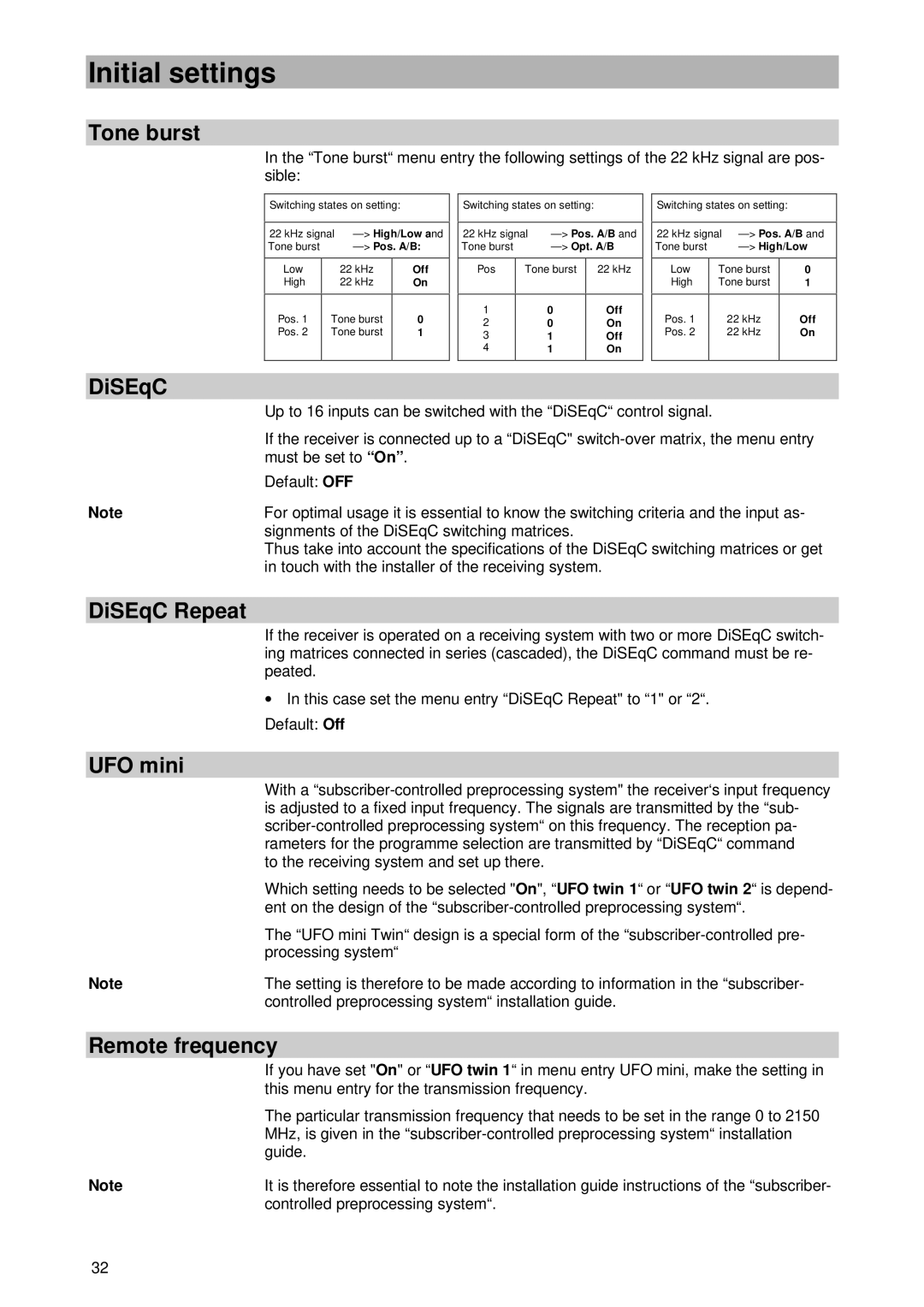 Kathrein UFD 430 manual Tone burst, DiSEqC Repeat, UFO mini, Remote frequency 