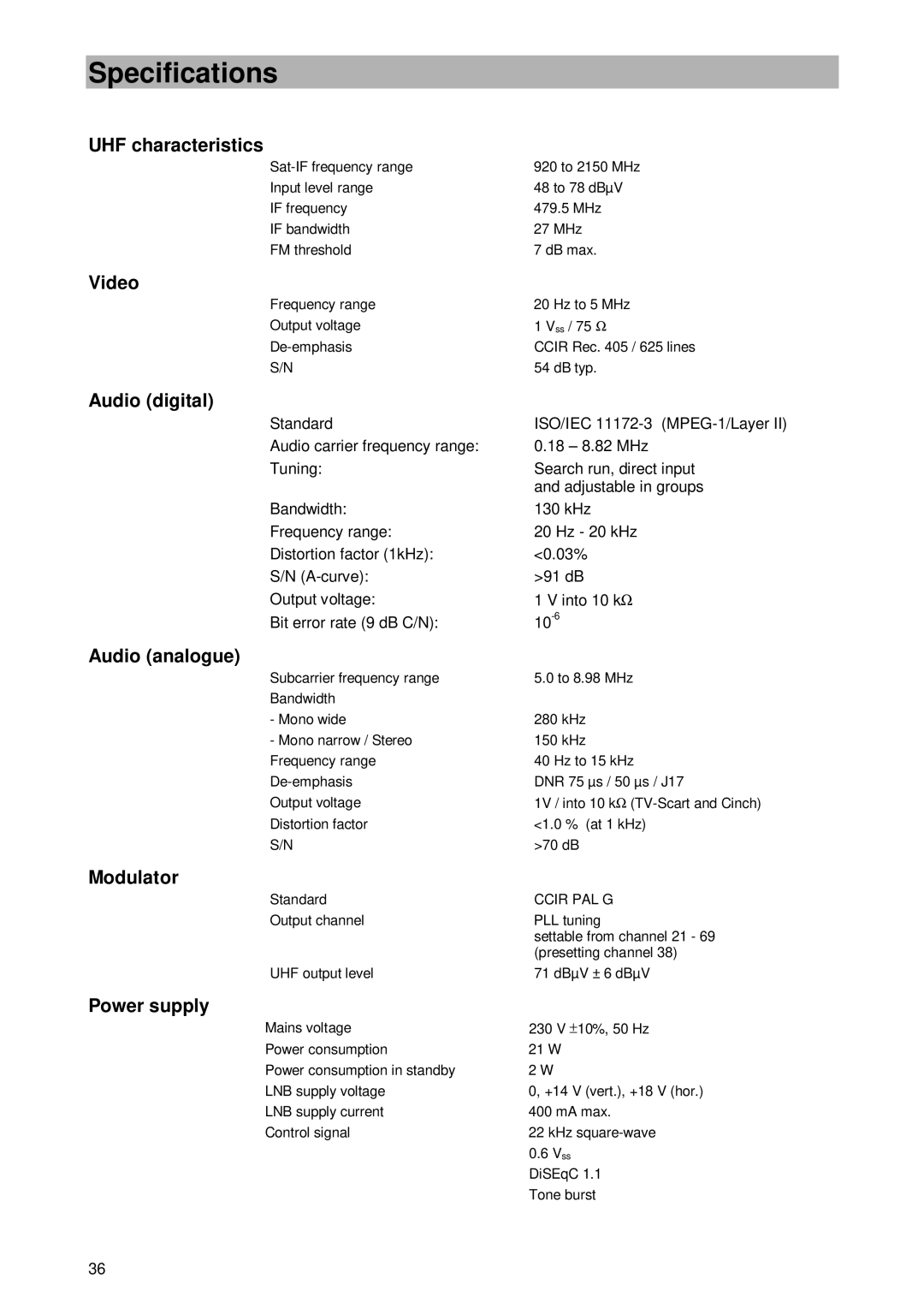 Kathrein UFD 430 manual Specifications 