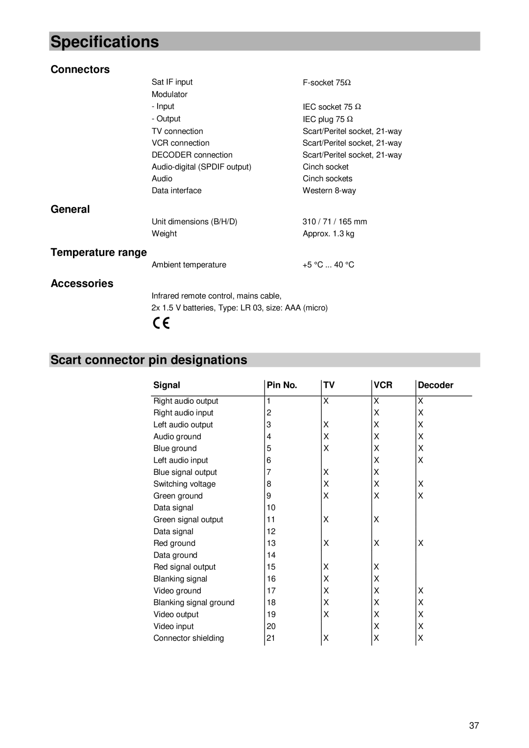 Kathrein UFD 430 manual Scart connector pin designations, Connectors, General, Temperature range, Accessories 