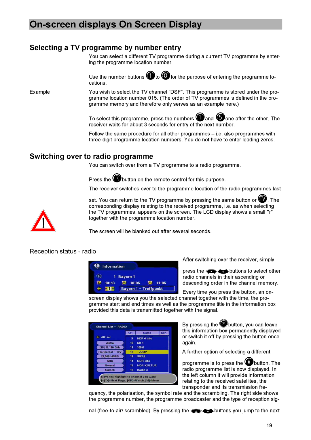 Kathrein UFD 505 On-screen displays On Screen Display, Selecting a TV programme by number entry, Reception status radio 