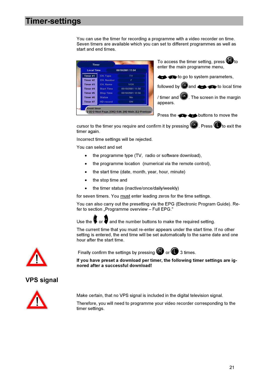 Kathrein UFD 505 manual Timer-settings, VPS signal 