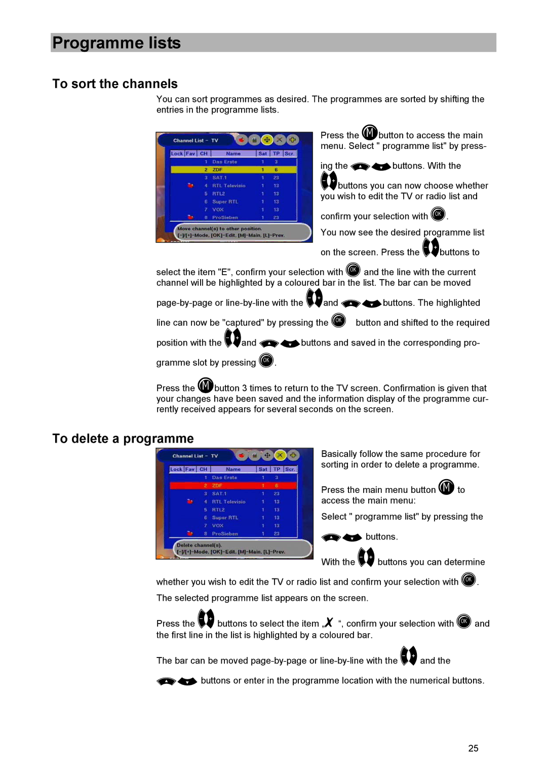 Kathrein UFD 505 manual To sort the channels, To delete a programme 