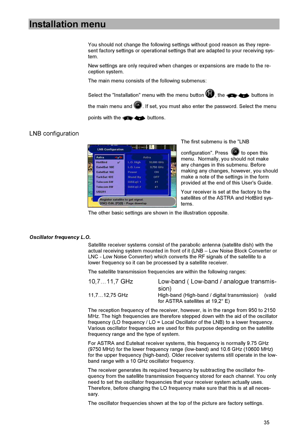 Kathrein UFD 505 manual Installation menu, LNB configuration, 10,7…11,7 GHz Low-band Low-band / analogue transmis Sion 