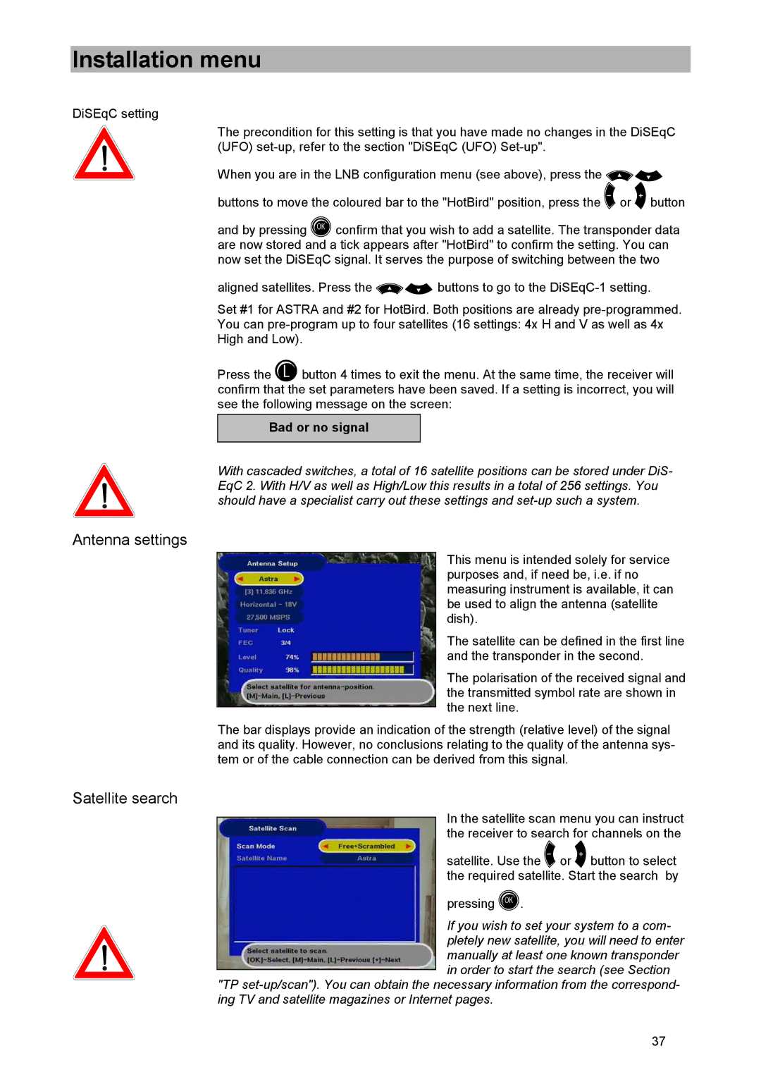 Kathrein UFD 505 manual Antenna settings, Satellite search 