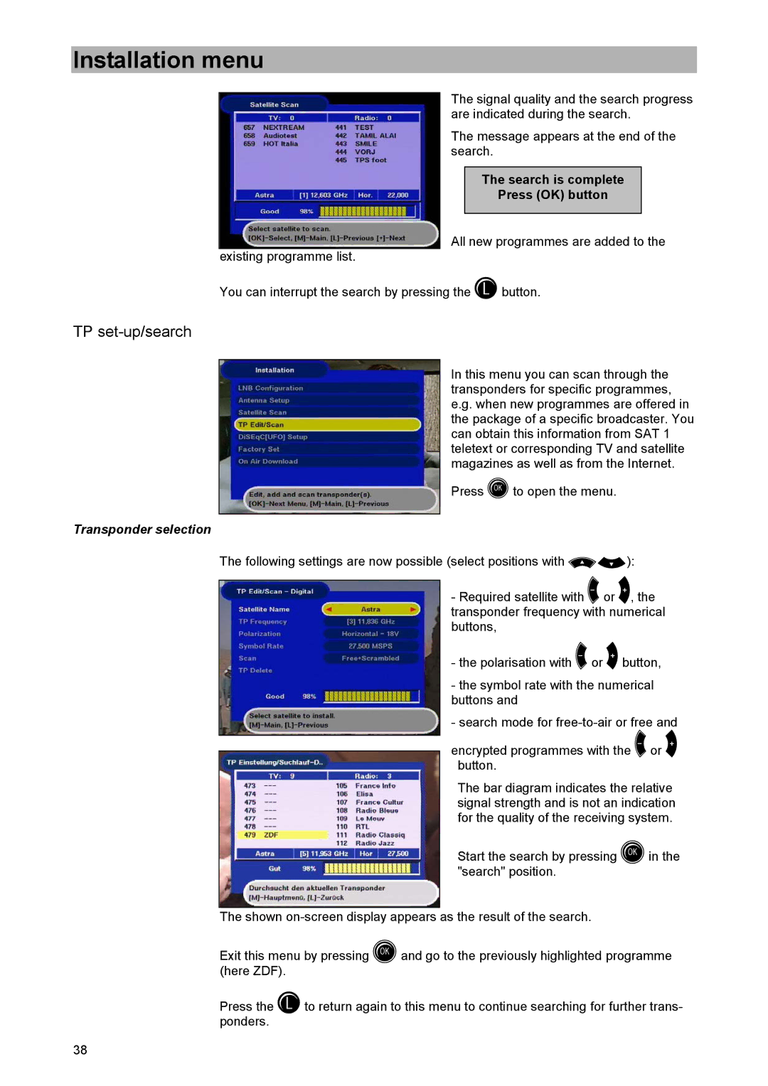 Kathrein UFD 505 manual TP set-up/search, Transponder selection 