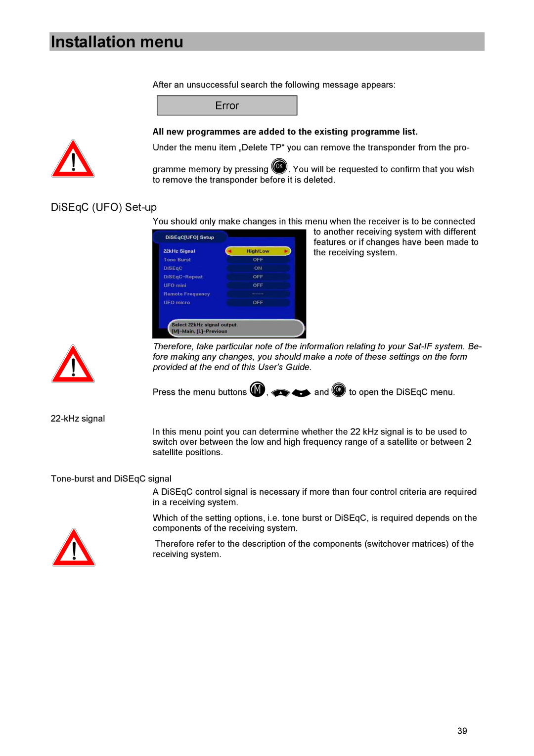 Kathrein UFD 505 manual Error, DiSEqC UFO Set-up 