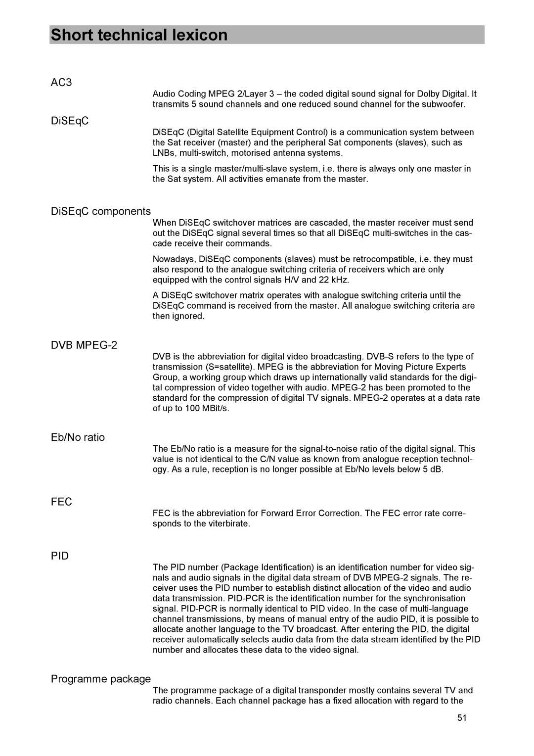 Kathrein UFD 505 manual Short technical lexicon, DiSEqC components, Eb/No ratio, Programme package 