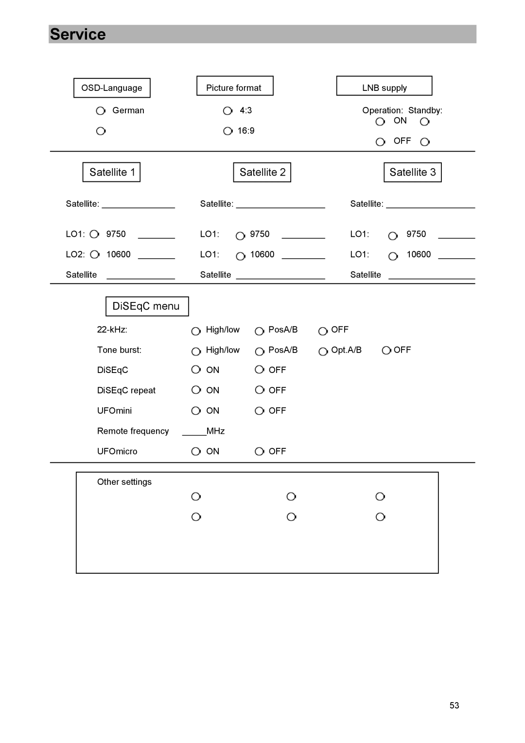 Kathrein UFD 505 manual Service, Satellite, DiSEqC menu 