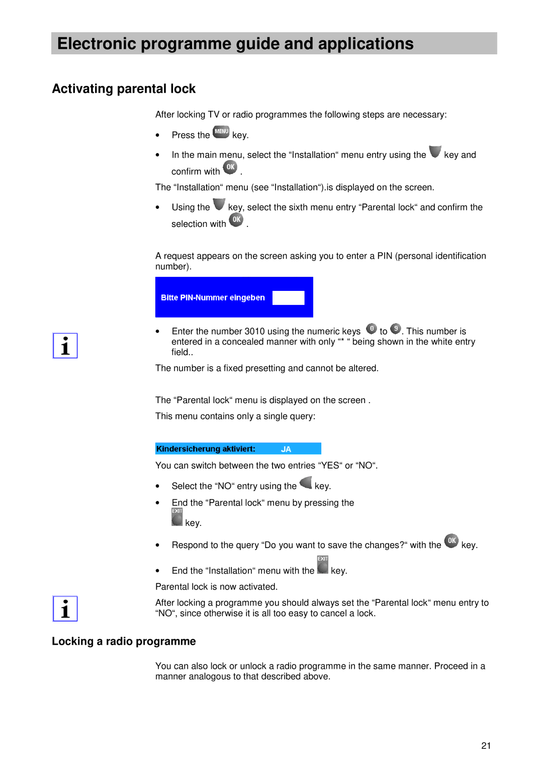 Kathrein UFD 510 manual Activating parental lock, Locking a radio programme 