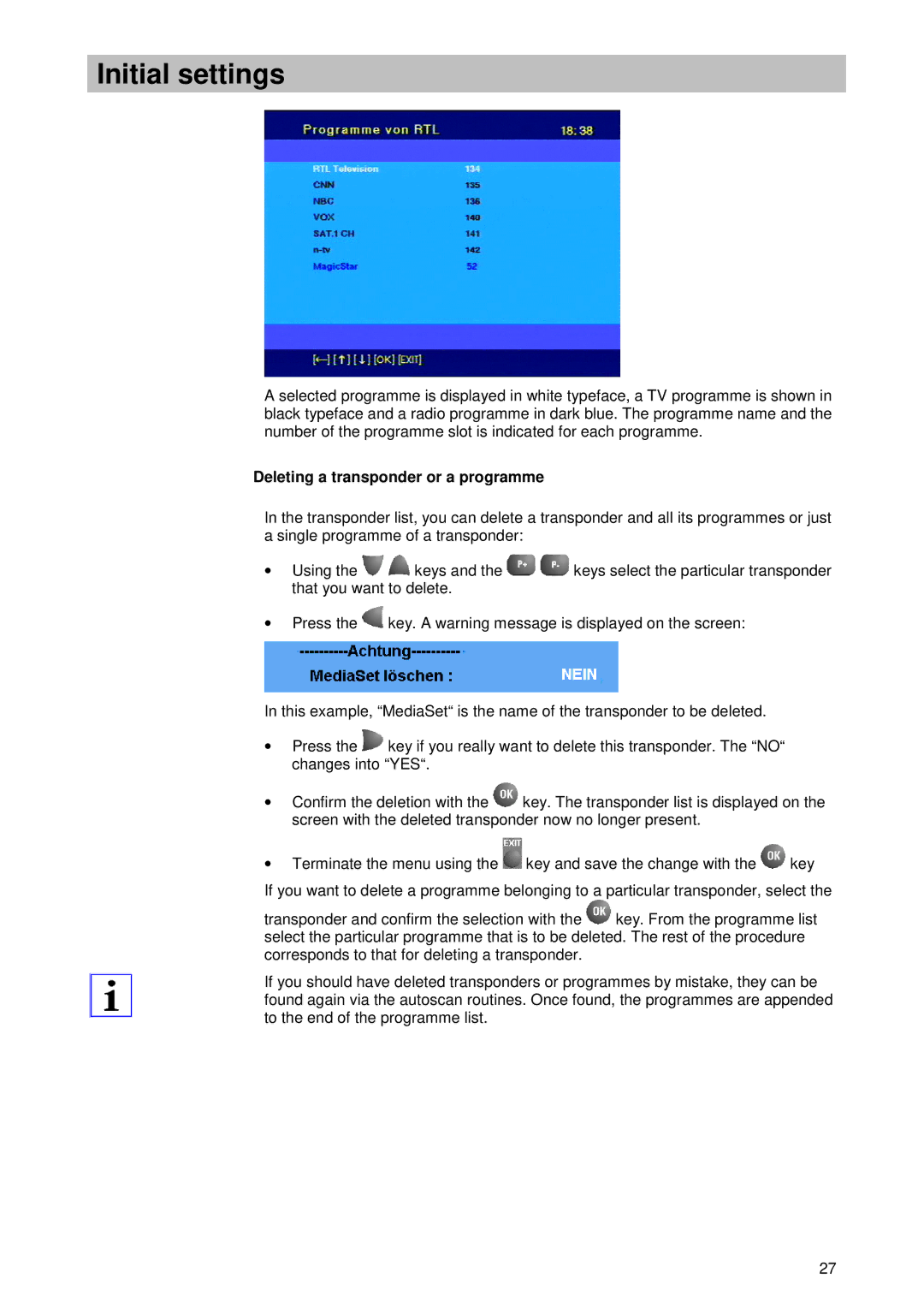 Kathrein UFD 510 manual Deleting a transponder or a programme 