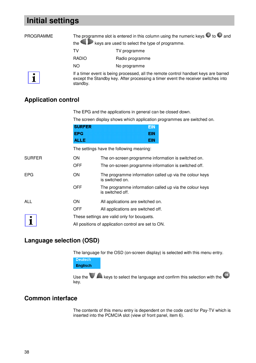 Kathrein UFD 510 manual Application control, Language selection OSD, Common interface 