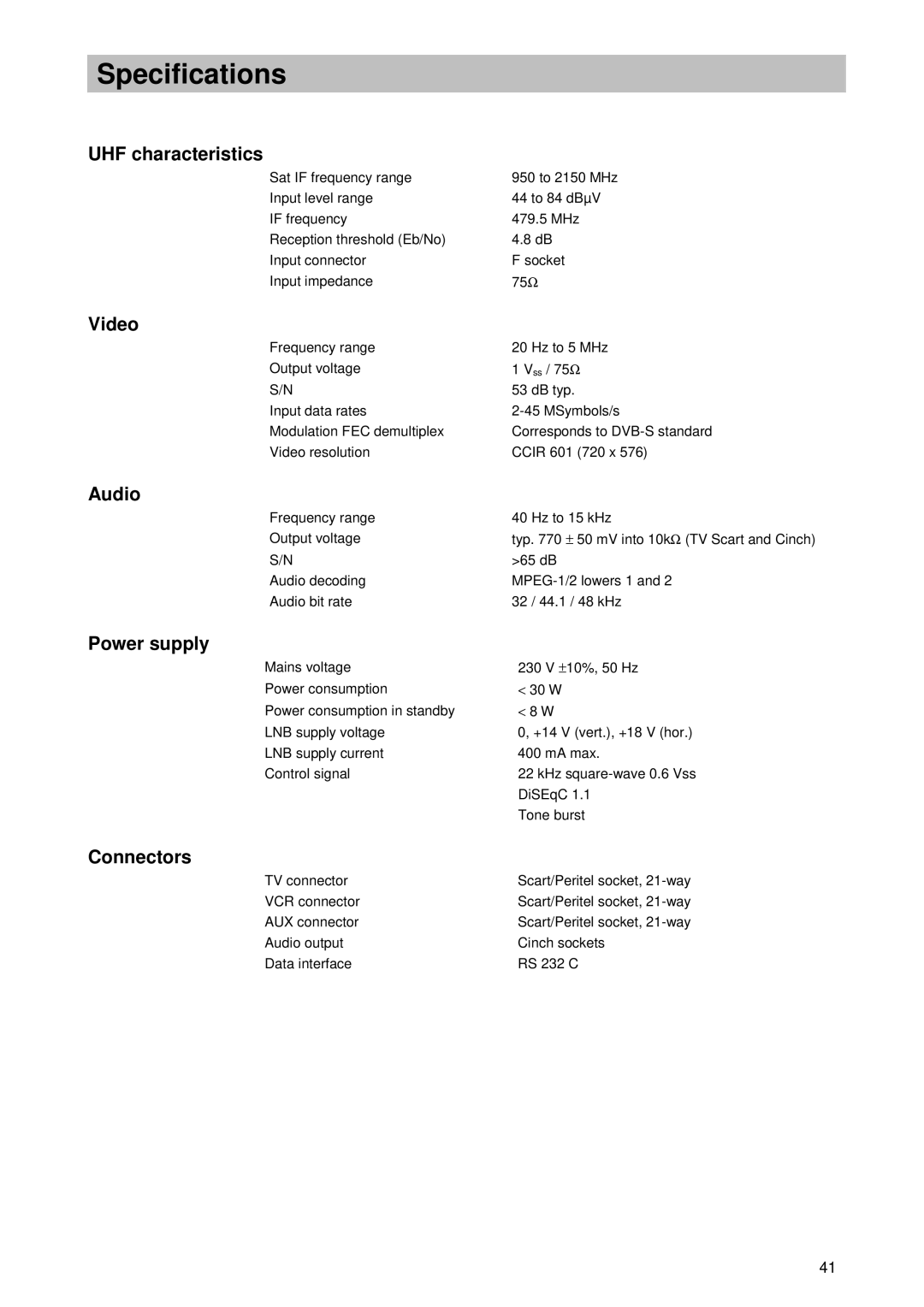 Kathrein UFD 510 manual Specifications 