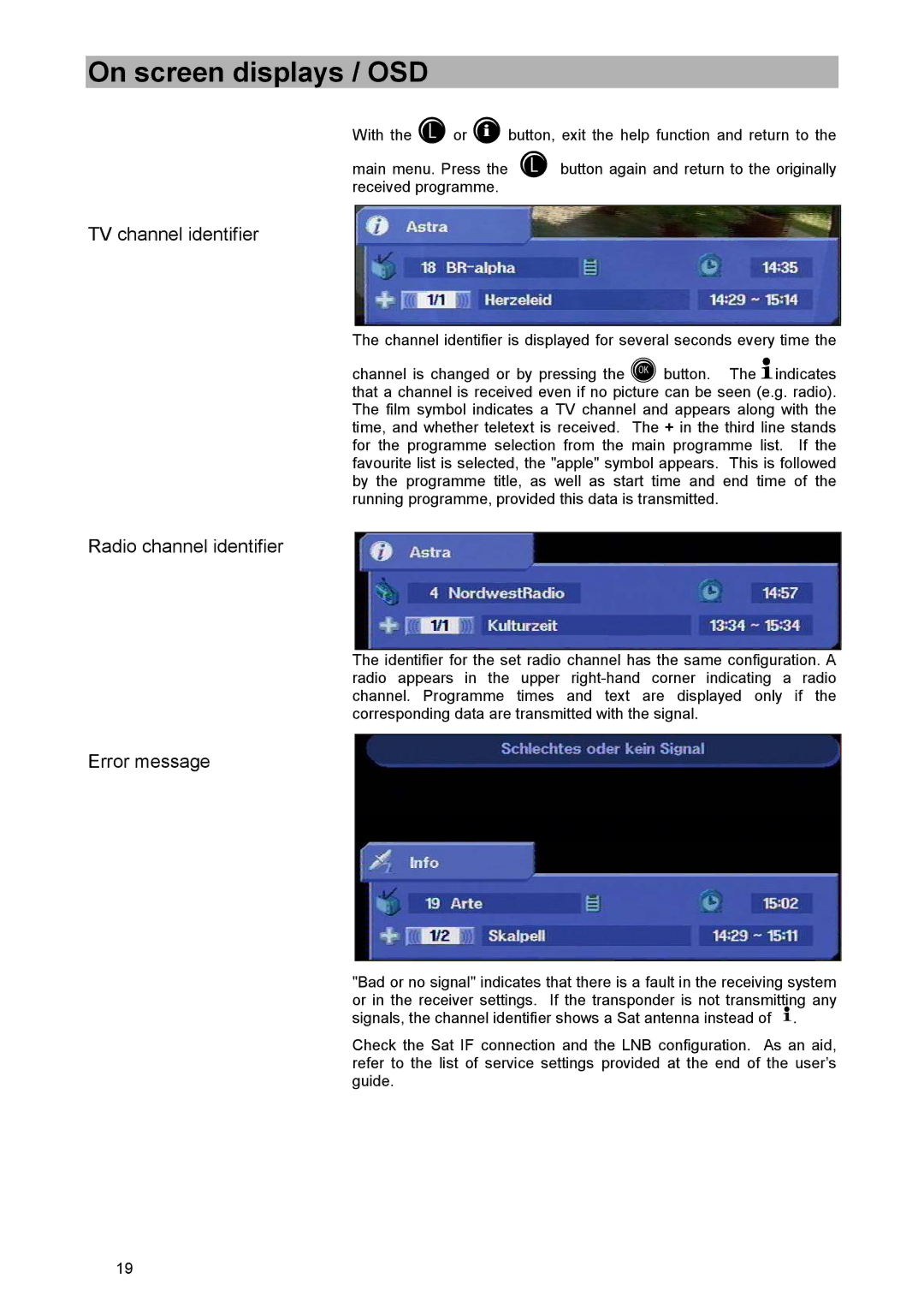 Kathrein UFD 515 manual TV channel identifier, Radio channel identifier, Error message 