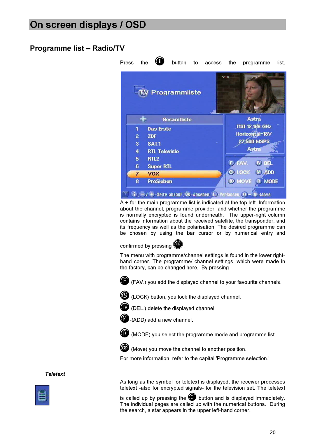 Kathrein UFD 515 manual Programme list Radio/TV, Teletext 