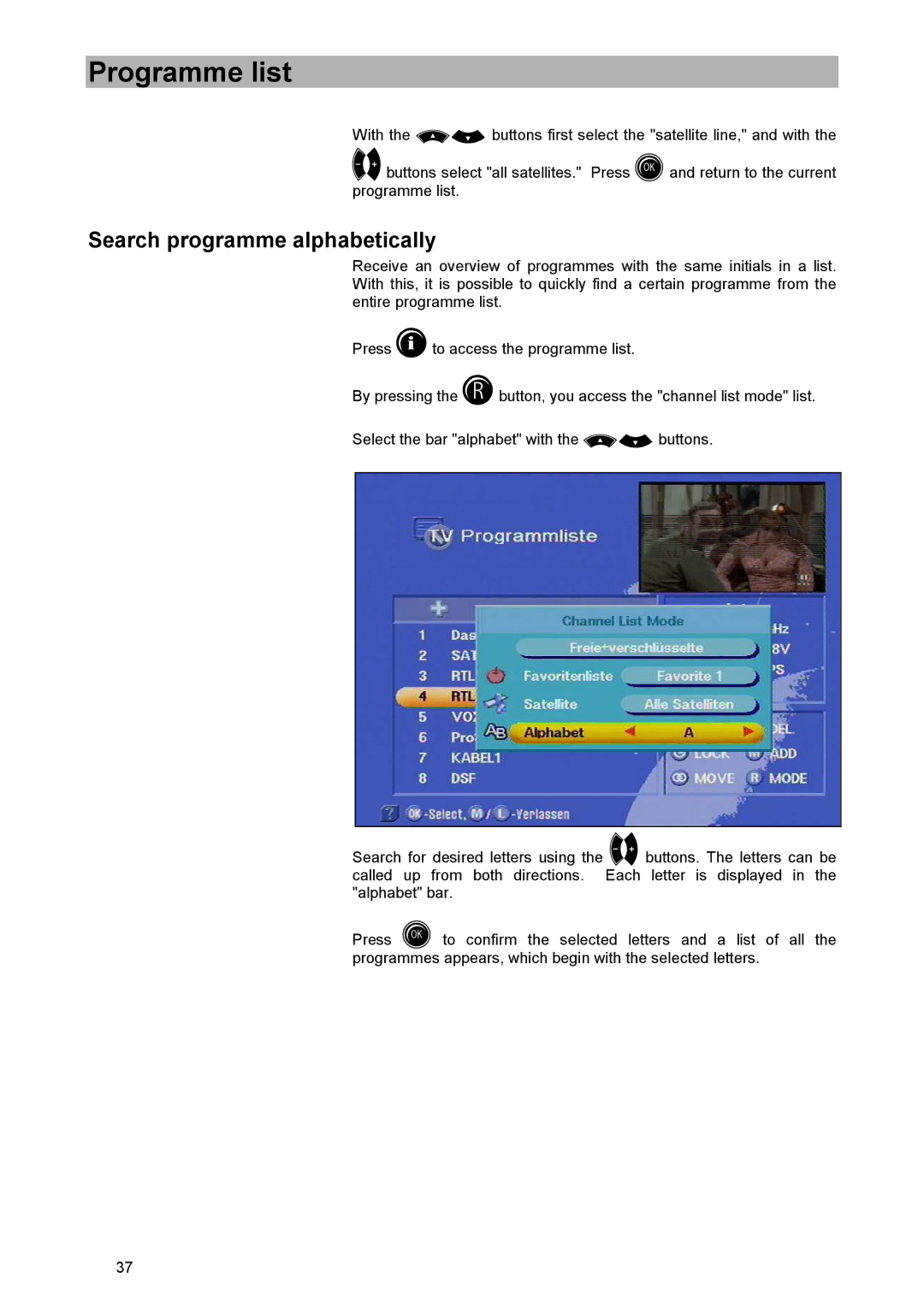 Kathrein UFD 515 manual Search programme alphabetically 