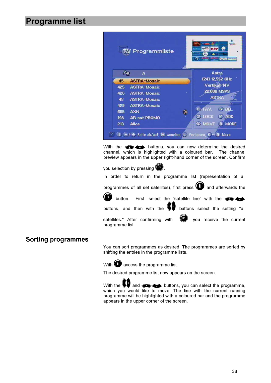 Kathrein UFD 515 manual Sorting programmes 