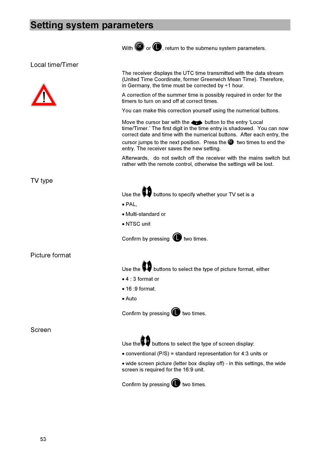 Kathrein UFD 515 manual Local time/Timer, TV type, Picture format, Screen 