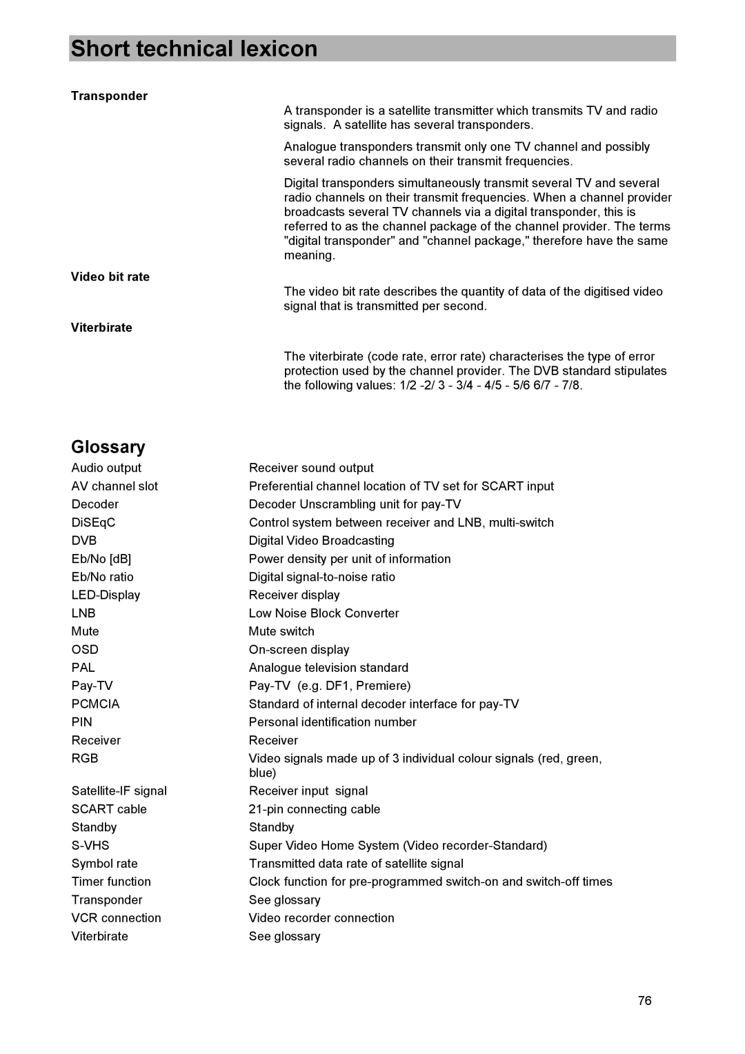 Kathrein UFD 515 manual Glossary, Transponder 