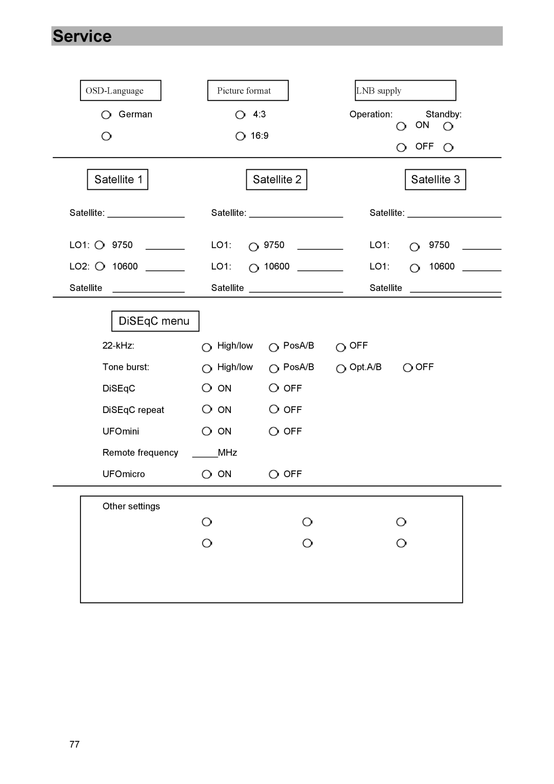 Kathrein UFD 515 manual Service, Satellite, DiSEqC menu 