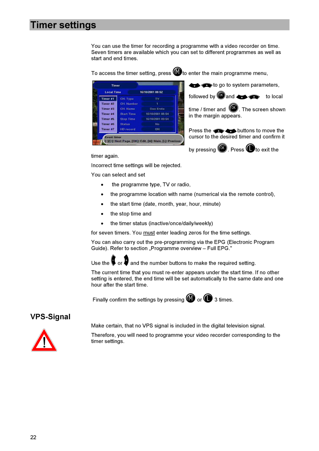 Kathrein UFD 520 manual Timer settings, VPS-Signal 