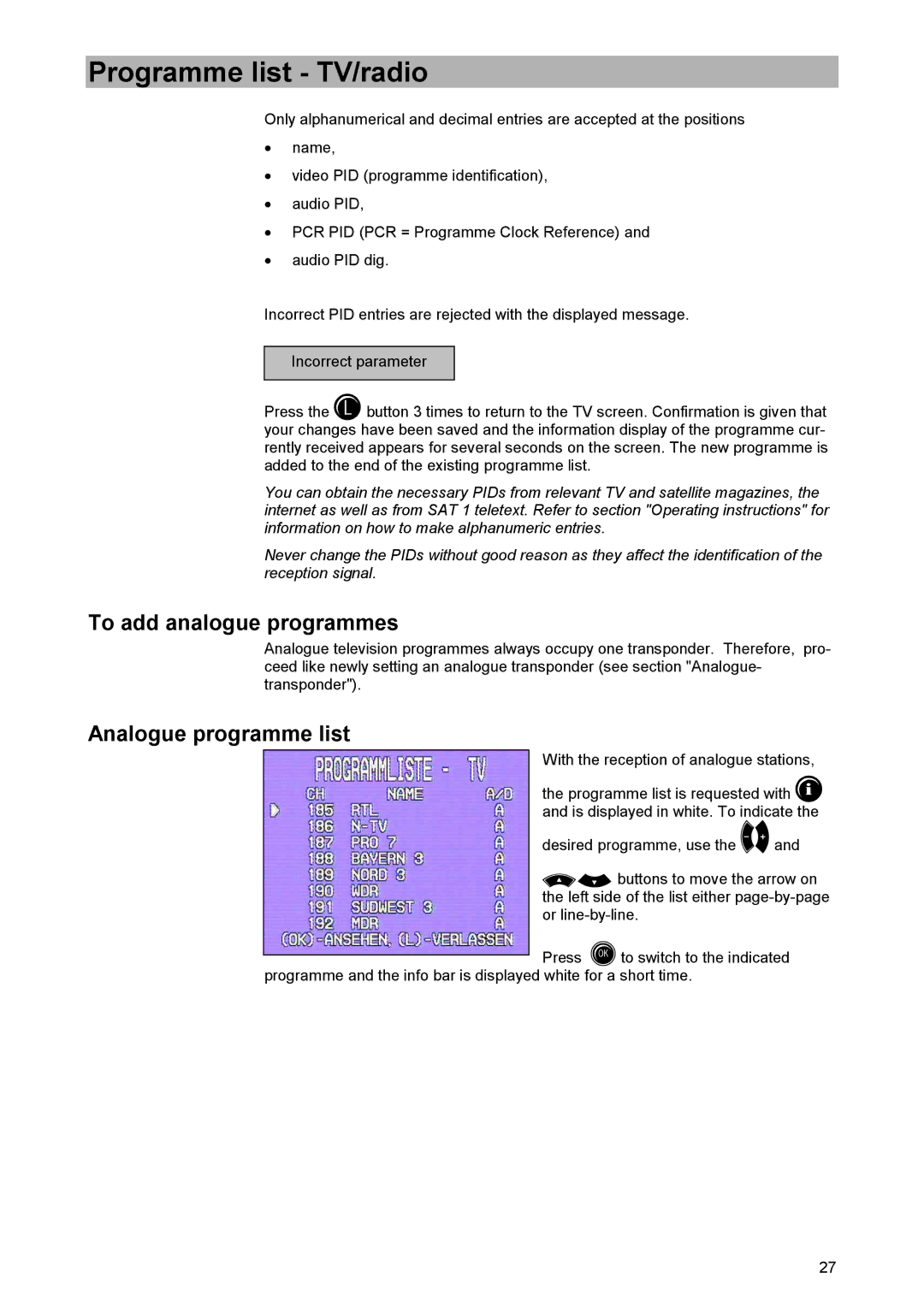 Kathrein UFD 520 manual To add analogue programmes, Analogue programme list 