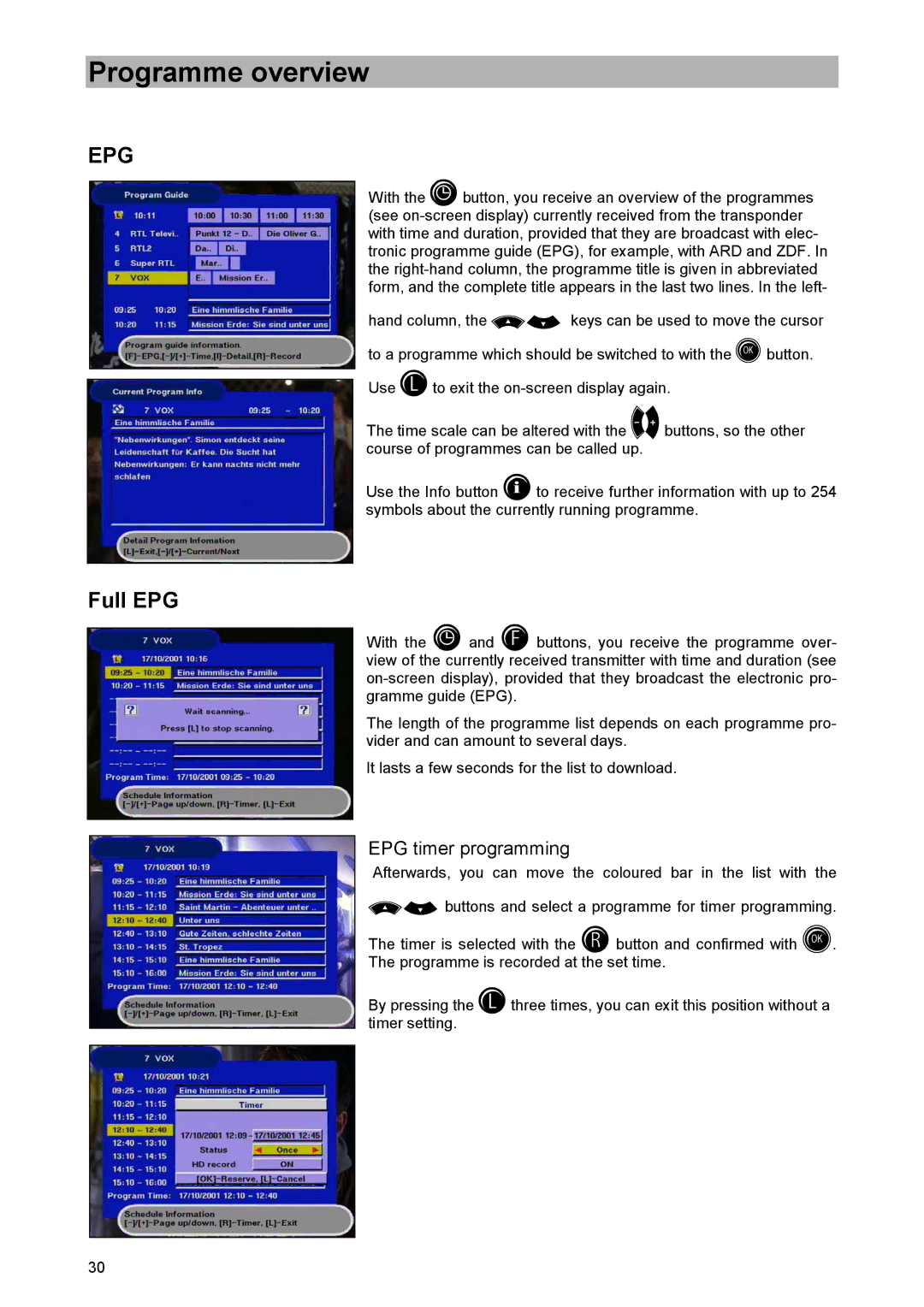 Kathrein UFD 520 manual Programme overview, Full EPG, EPG timer programming 