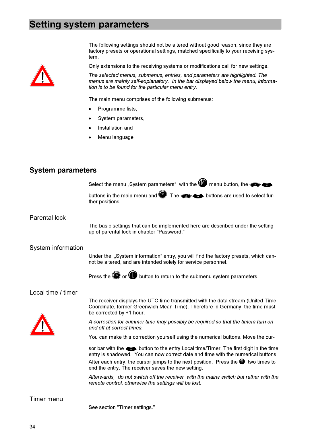 Kathrein UFD 520 manual Setting system parameters, System parameters 