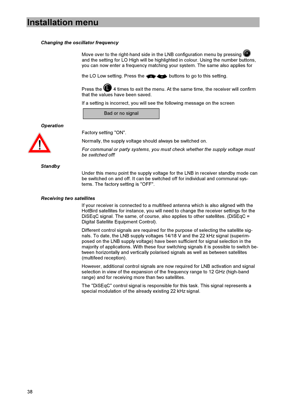 Kathrein UFD 520 manual Installation menu, Changing the oscillator frequency 