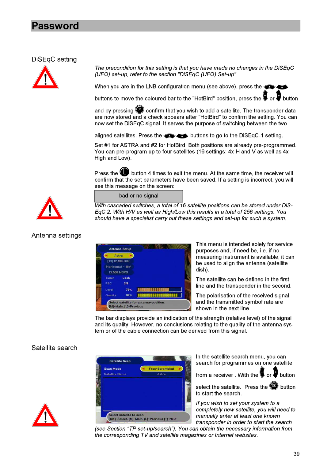 Kathrein UFD 520 manual DiSEqC setting, Antenna settings, Satellite search 