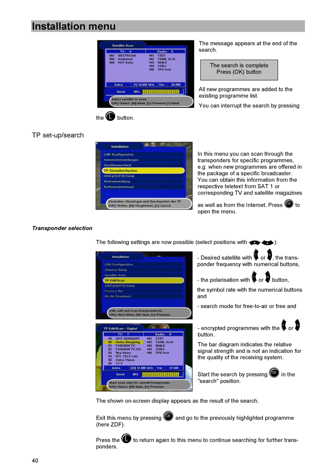 Kathrein UFD 520 manual TP set-up/search, Transponder selection 