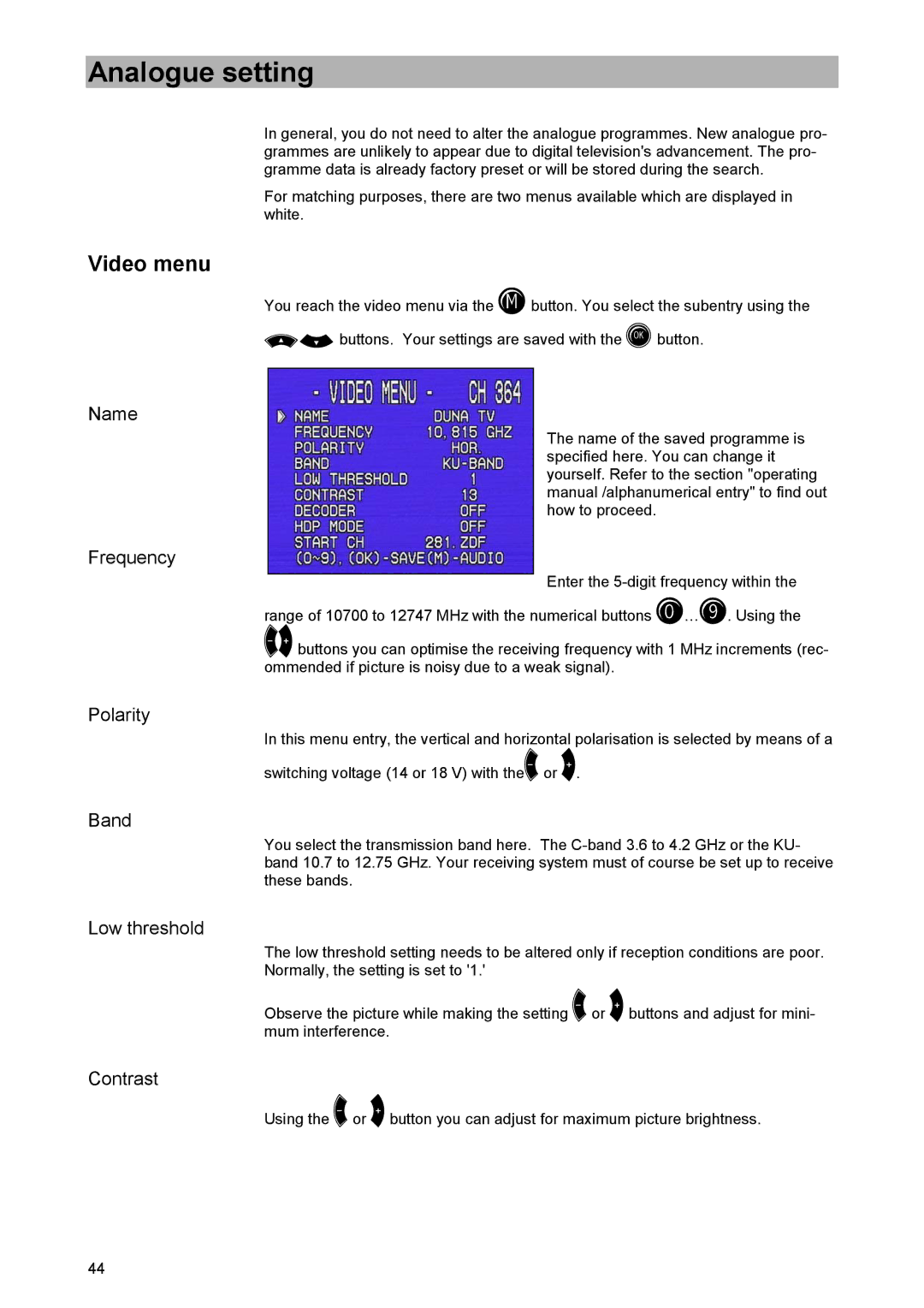 Kathrein UFD 520 manual Analogue setting, Video menu 