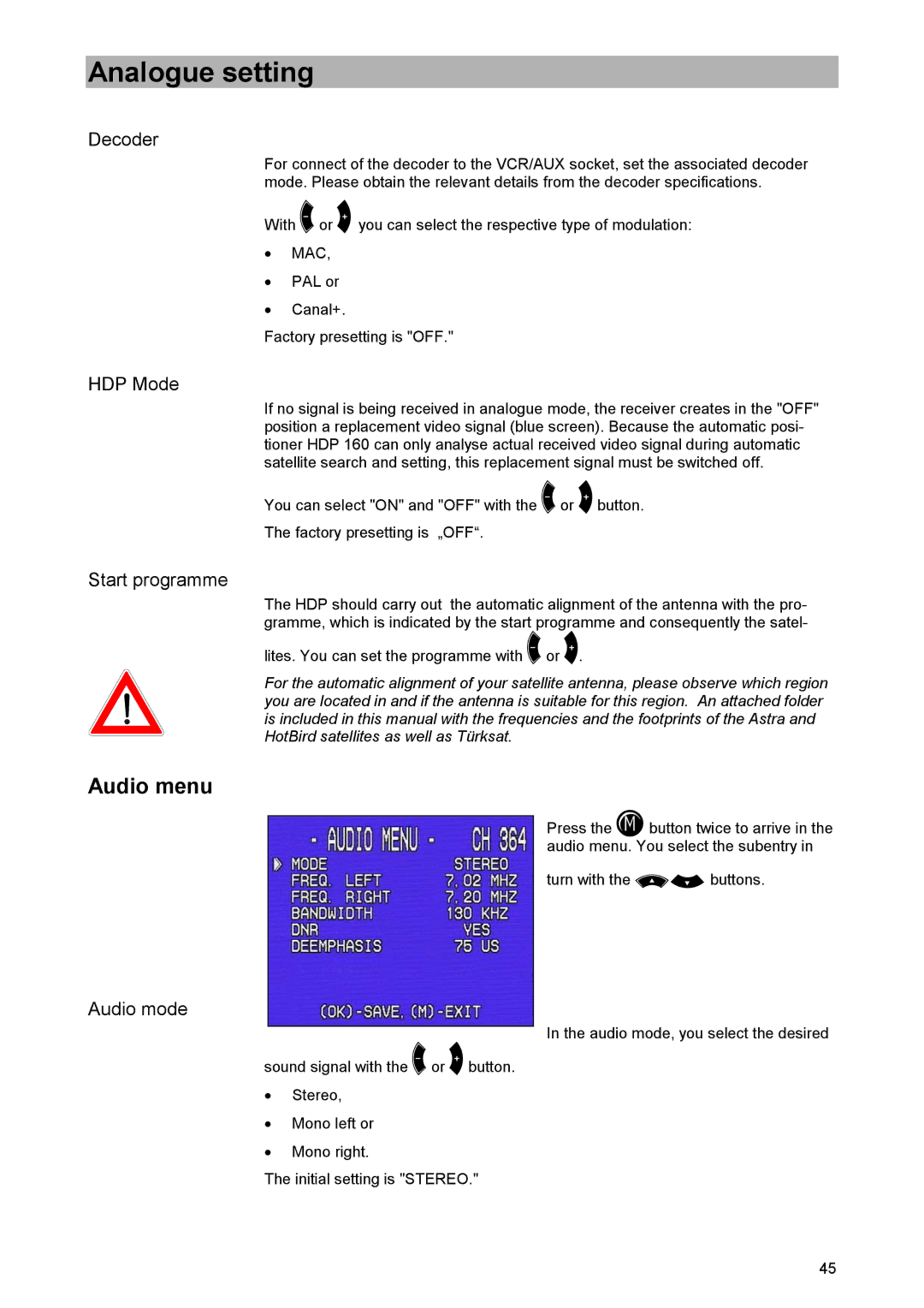 Kathrein UFD 520 manual Audio menu, Decoder, HDP Mode, Start programme, Audio mode 