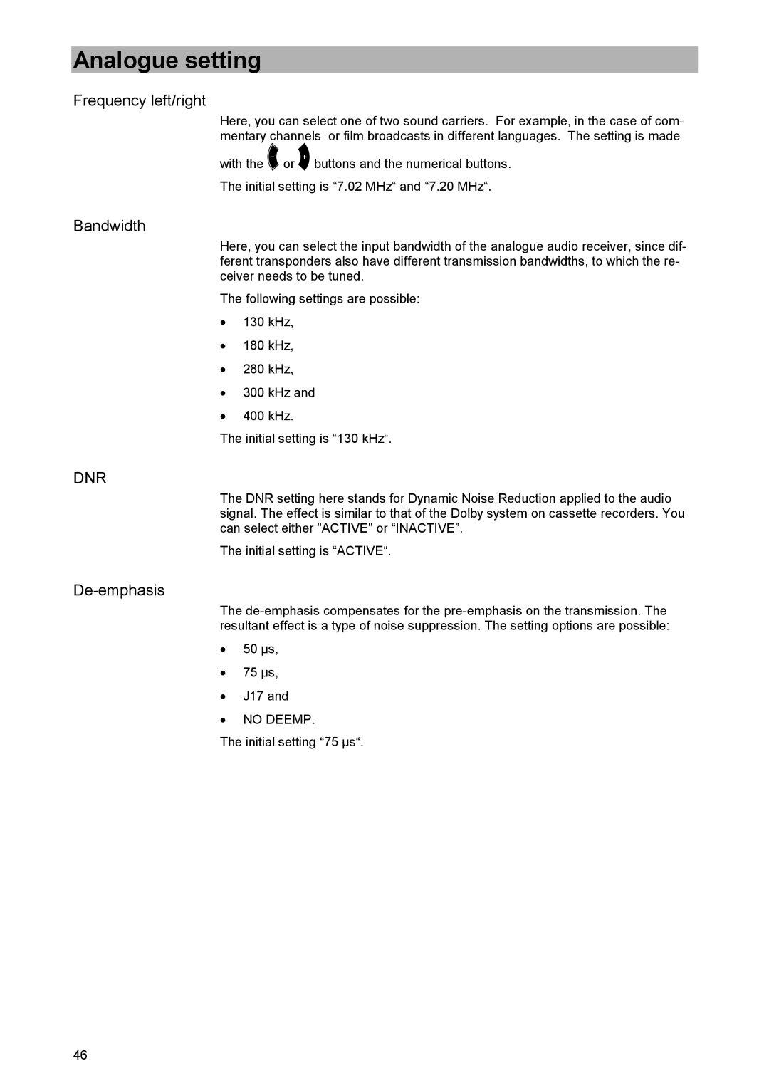 Kathrein UFD 520 manual Frequency left/right, Bandwidth, De-emphasis 