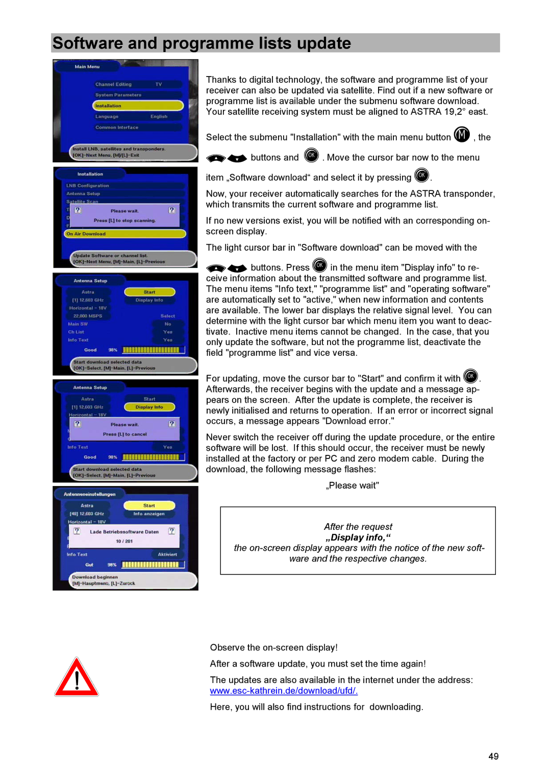 Kathrein UFD 520 manual Software and programme lists update, „Display info 