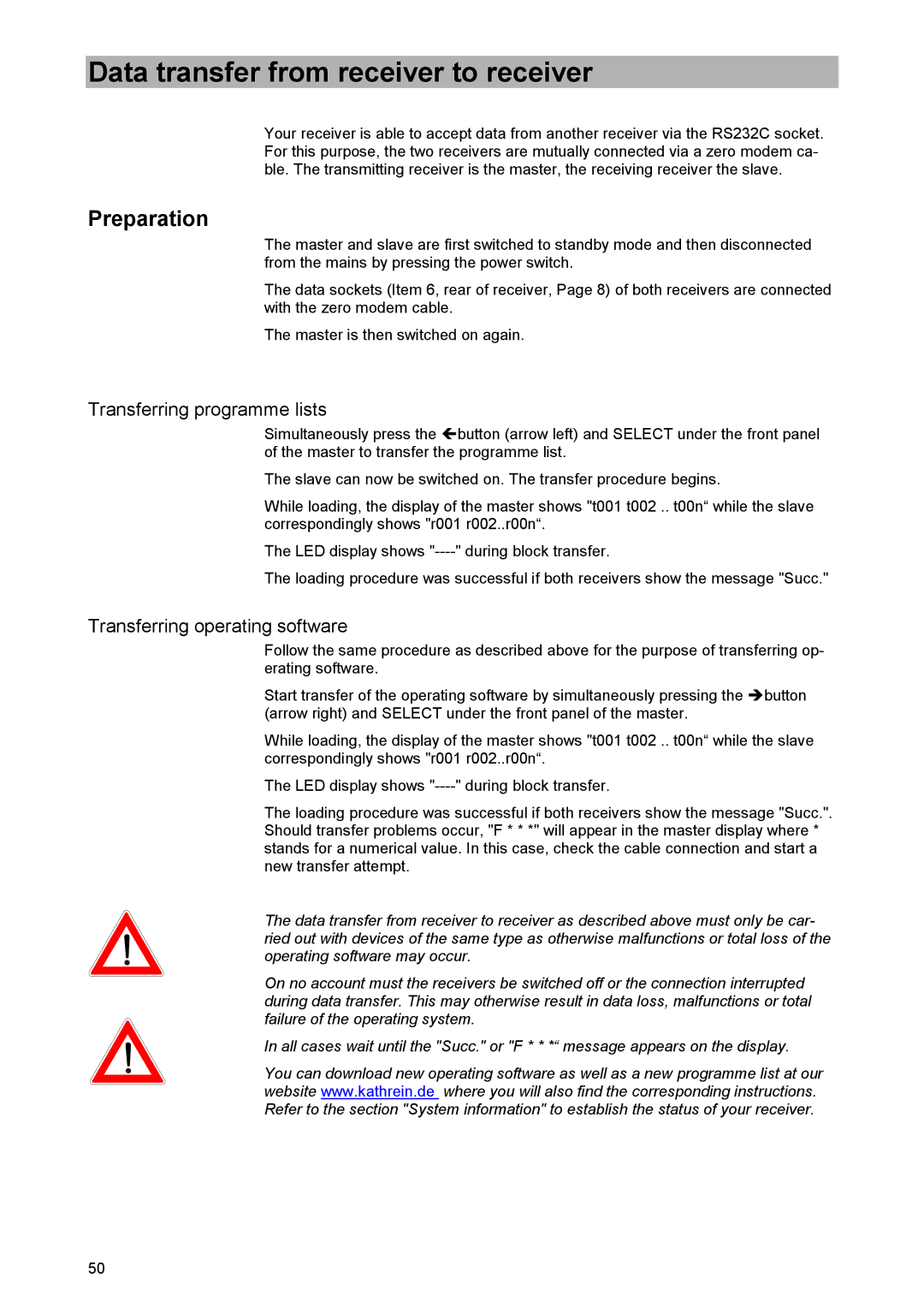 Kathrein UFD 520 manual Data transfer from receiver to receiver, Preparation, Transferring programme lists 