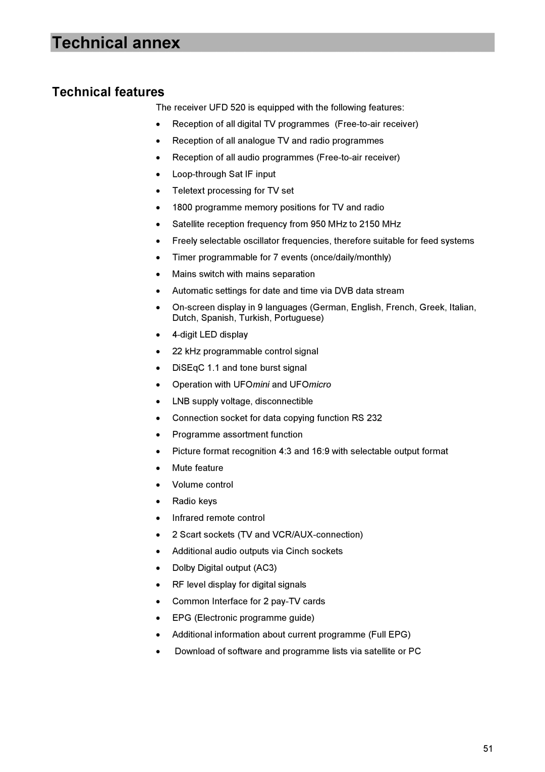 Kathrein UFD 520 manual Technical annex, Technical features 