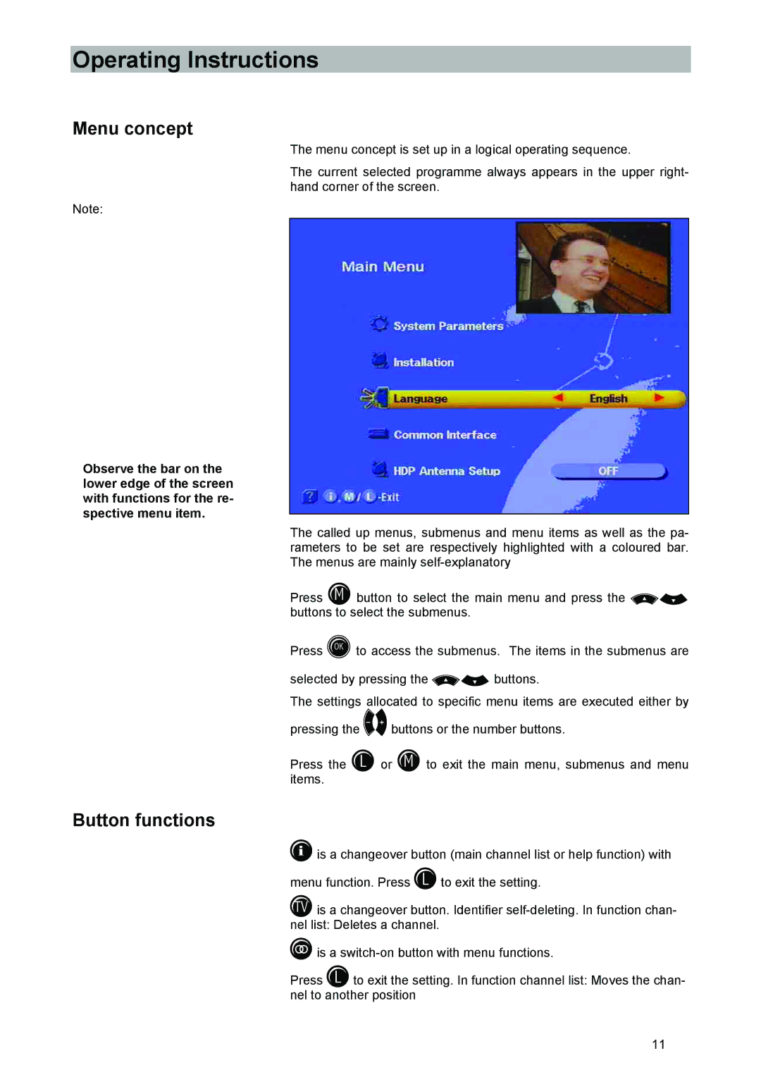 Kathrein UFD 540 manual Operating Instructions, Menu concept, Button functions 